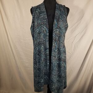 Azules Paisley Open Front Duster Vest in Teal and Black - M